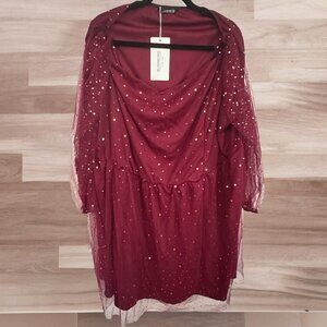 Bloomchic Dress - Star Printed Mesh Puff Sleeve V Neck Knee Dress - Size US 30